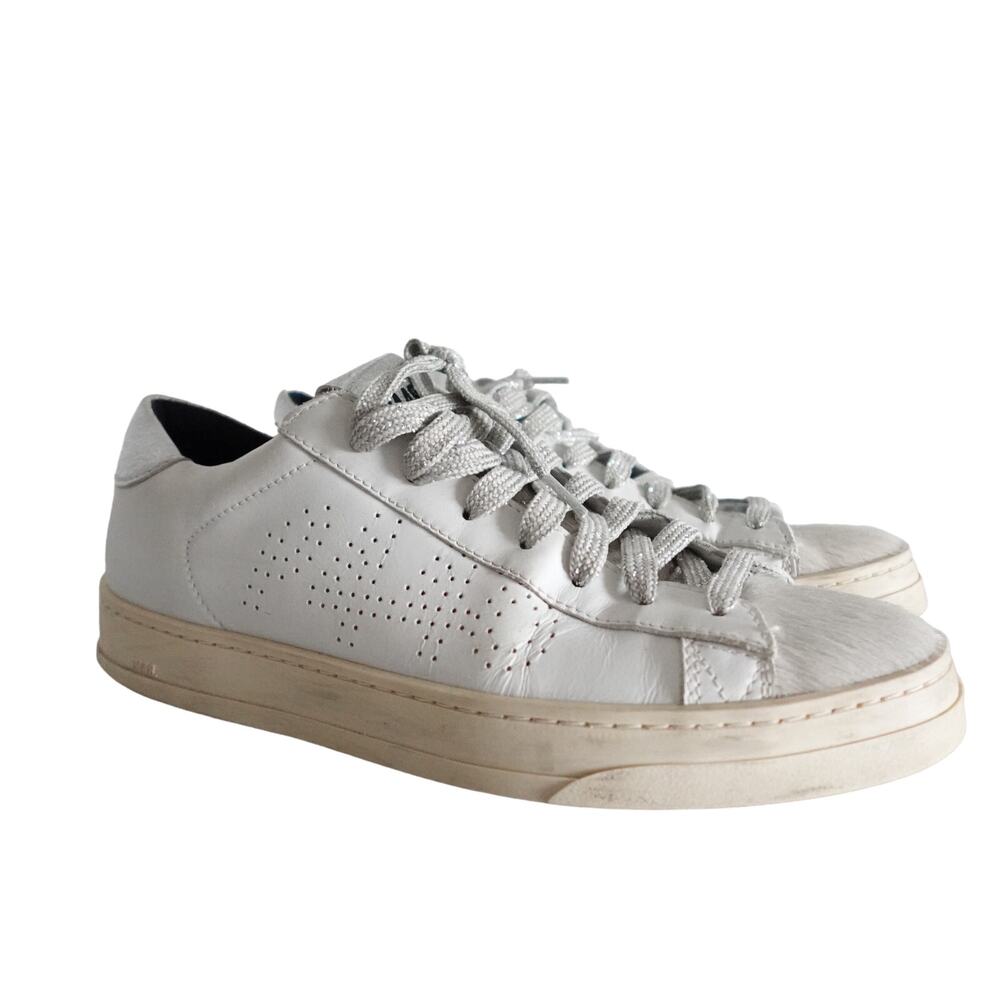 P448 John White Leather Grey Pony Hair Silver Metallic Low Top Sneakers